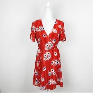 Madewell Red Striped Floral Size 6 Flutter Sleeve Wrap Daisy Society Dress